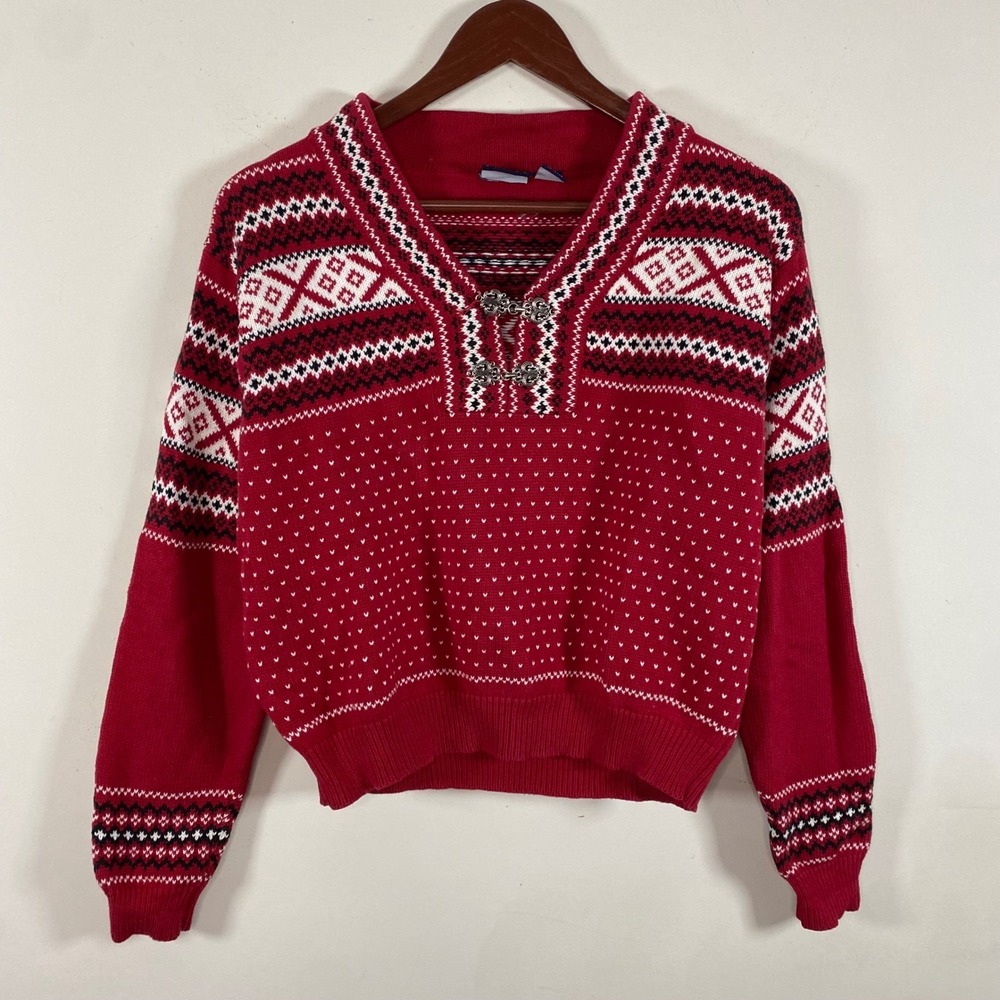 Vintage Liz Claiborne Sport Fair Isle Nordic‎ Knit Sweater Red White Ski Clasps - Picture 2 of 7